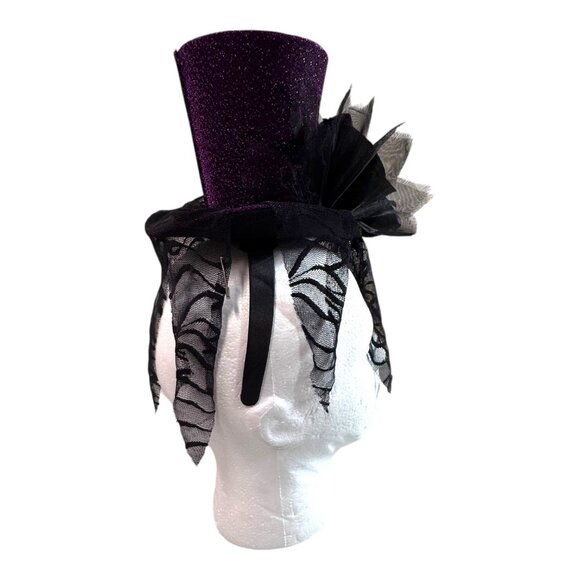 Vtg Goth Halloween Black Rose Purple Glitter Mini Top Hat Fascinator Headband - Picture 6 of 7